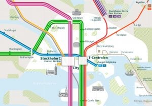 Stockholm City Rail Map for train and public transportation routes of metro, tram, airport link - Close-up