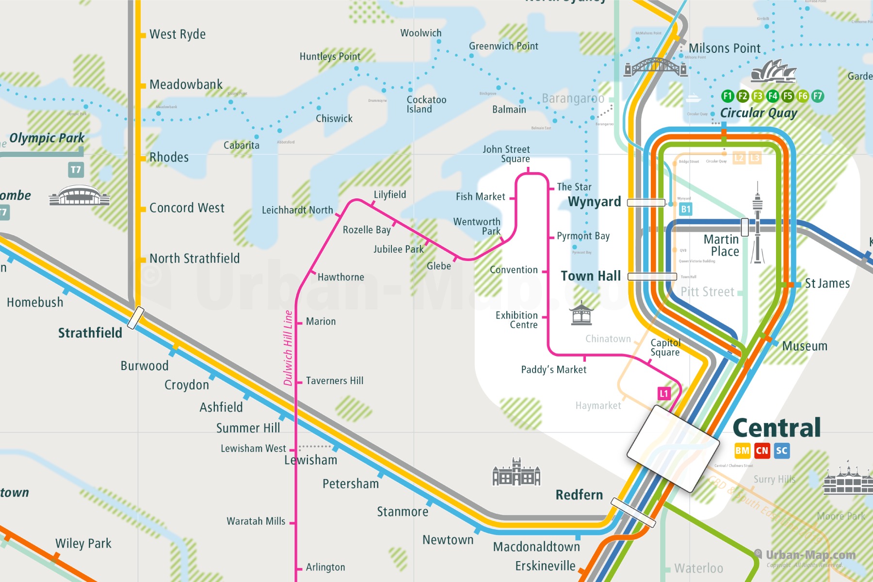 Sydney City Rail Map shows the train and public transportation routes of metro, BRT bus rapid transport, airport link, Ferry, Dulwich Hill line, Commuter train in New South Wales