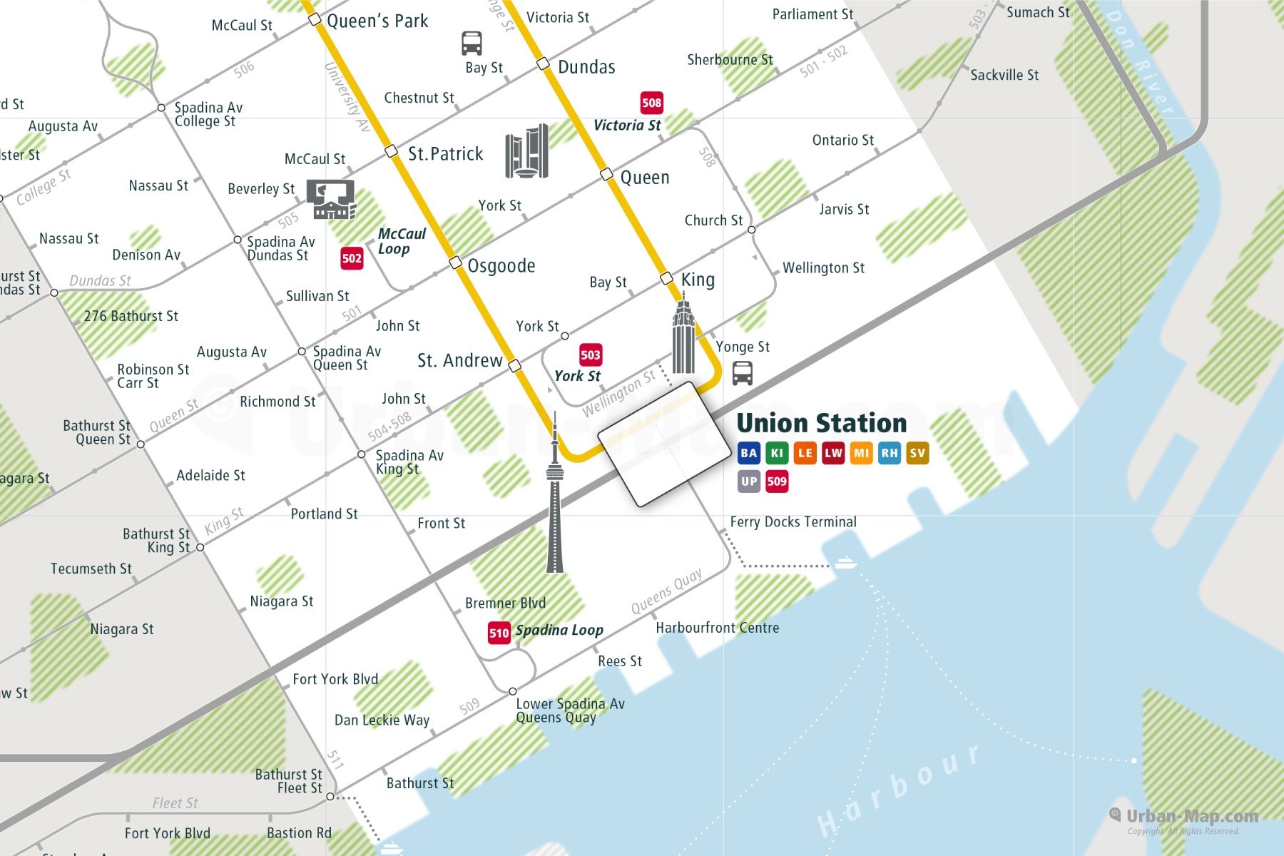Toronto City Rail Map shows the train and public transportation routes of Metro, Tram - Close-Up