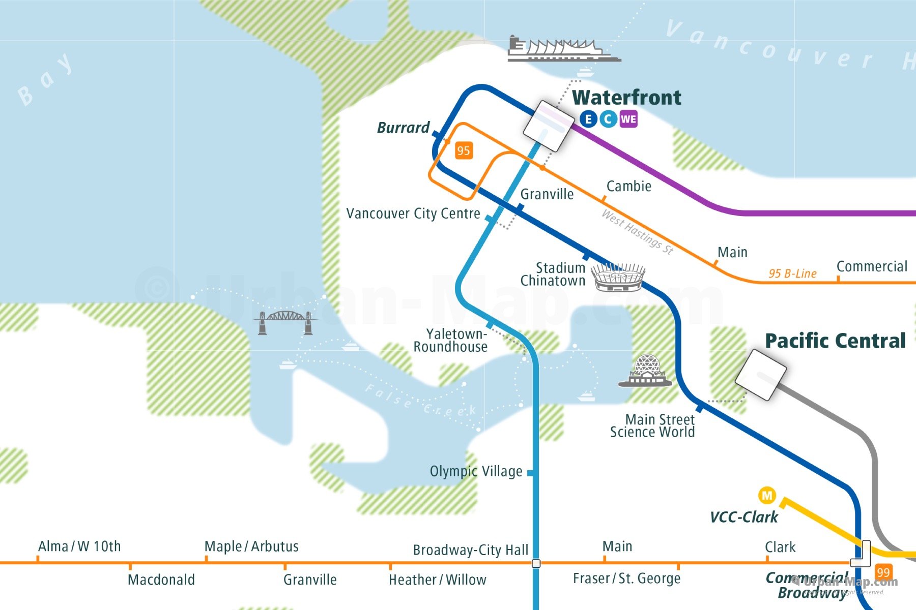 Vancouver City Rail Map shows the train and public transportation routes of metro, TransLink, ferry, bus, B-Line - Close-Up