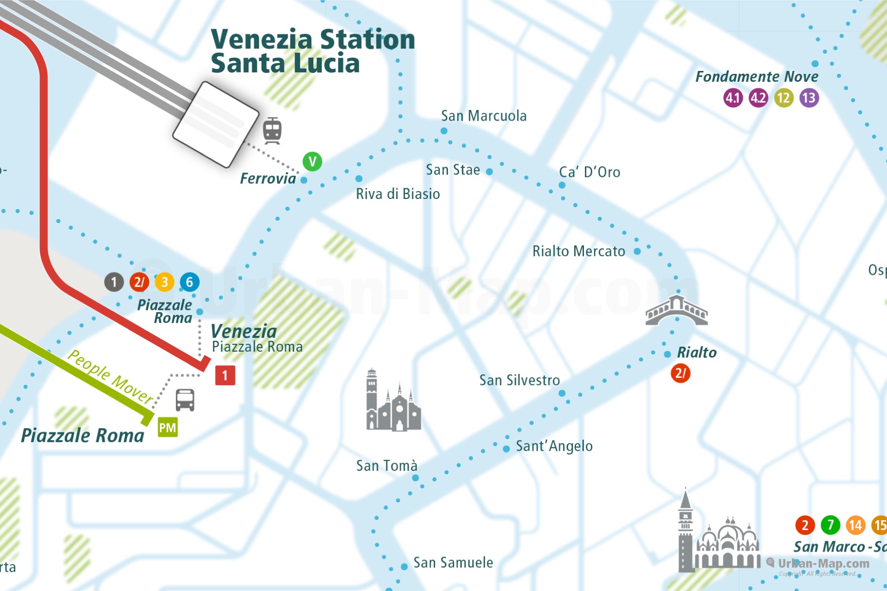 Venice City Rail Map shows the train and public transportation routes of Vaporetto, Waterbus and Ferry and Station Santa Lucia and Rialto Bridge - Close-Up