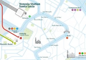 Venice City Rail Map for train and public transportation routes of commuter train, ferry, waterbus, Vaporetto, Tram - Close-up