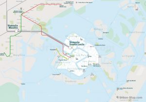 Venice City Rail Map for train and public transportation routes of commuter train, ferry, waterbus, Vaporetto, Tram - Overview
