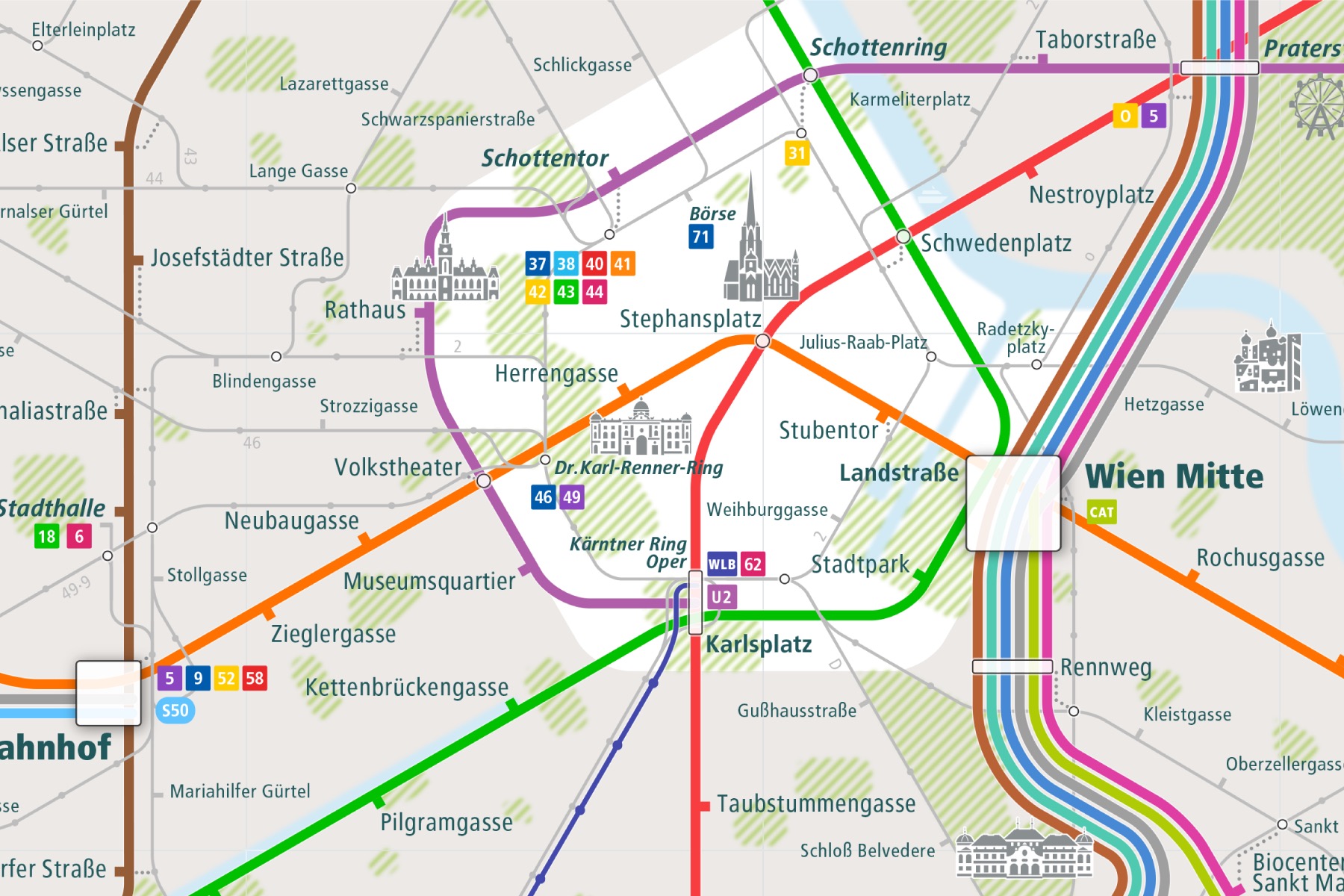 Vienna City Rail Map shows the train and public transportation routes of U-Bahn, metro, tram, commuter train - Close-Up