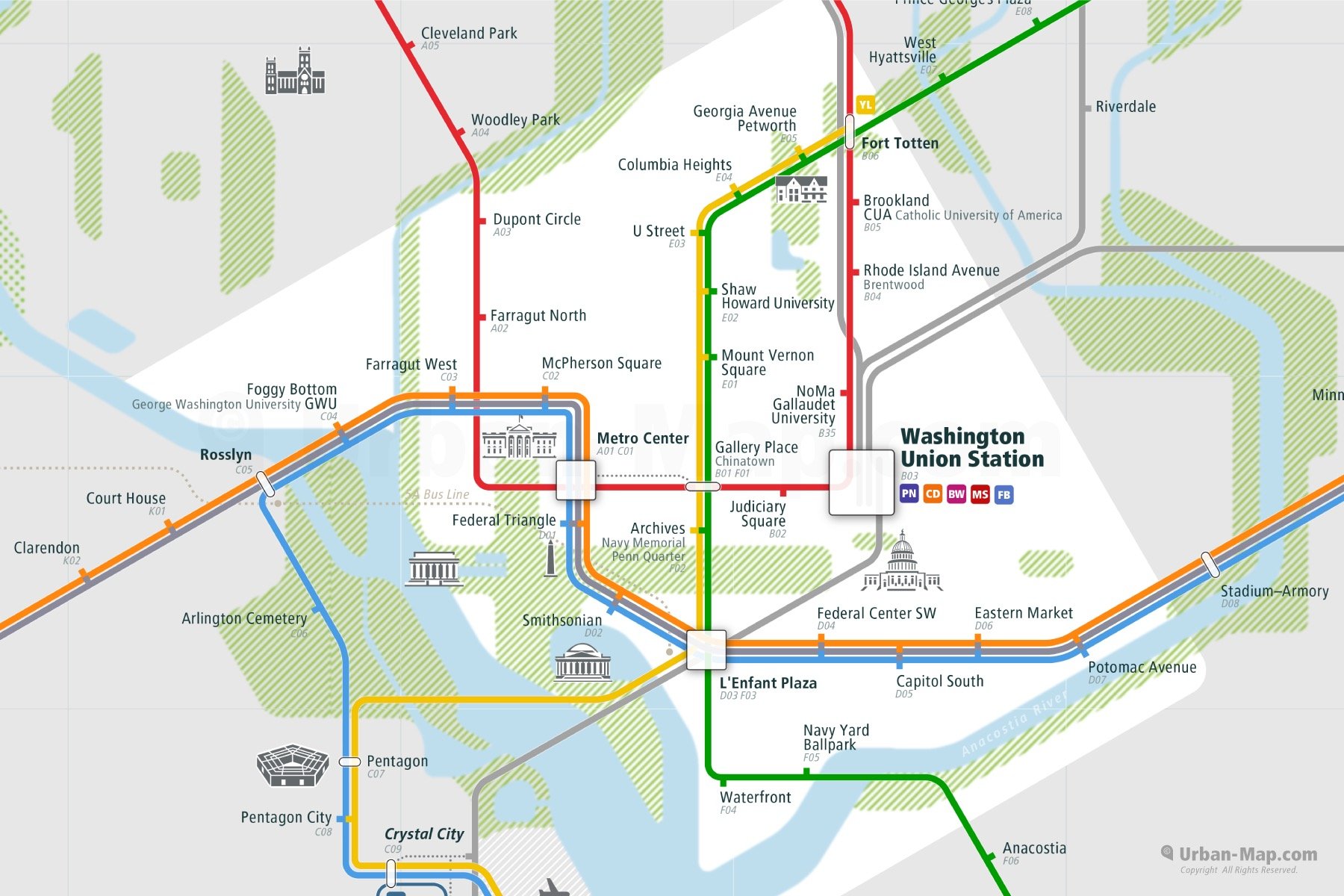 Washington City Rail Map shows the train and public transportation routes of Metro, Commuter Train - Close-Up