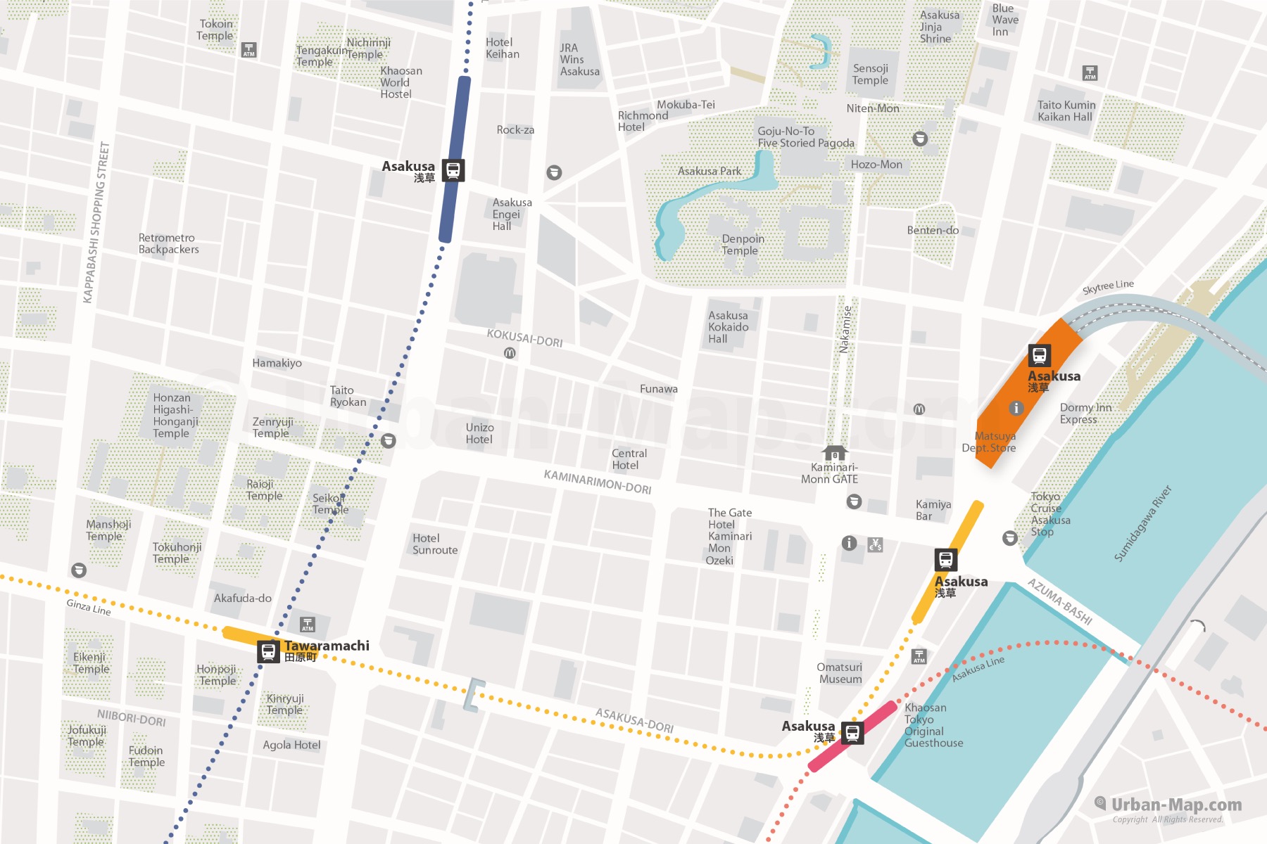 Tokyo Asakusa City Map shows Asakusa Station, Kaminarimon, Tawaramachi