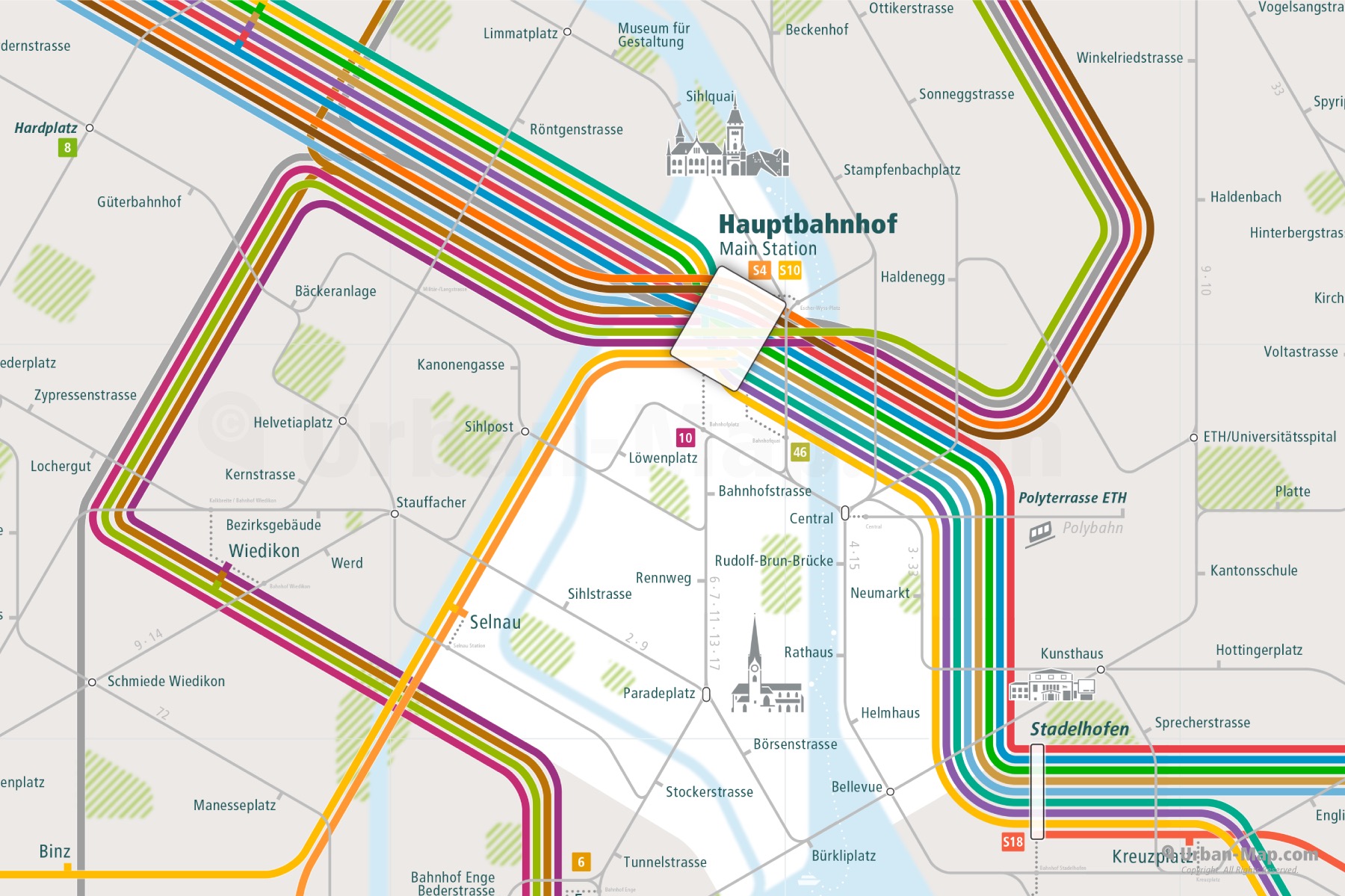 Zurich City Rail Map shows the train and public transportation routes of tram, S-Bahn, commuter train - Close-Up